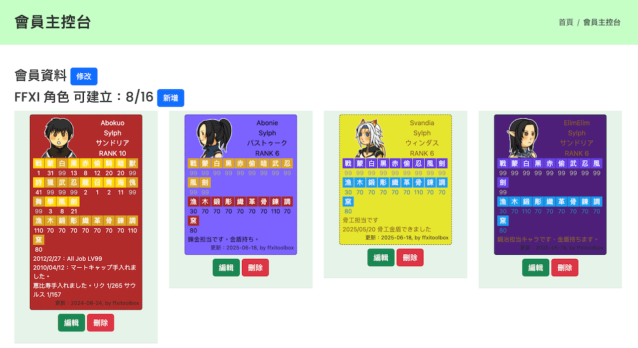 會員主控台頁面的遊戲角色列表。